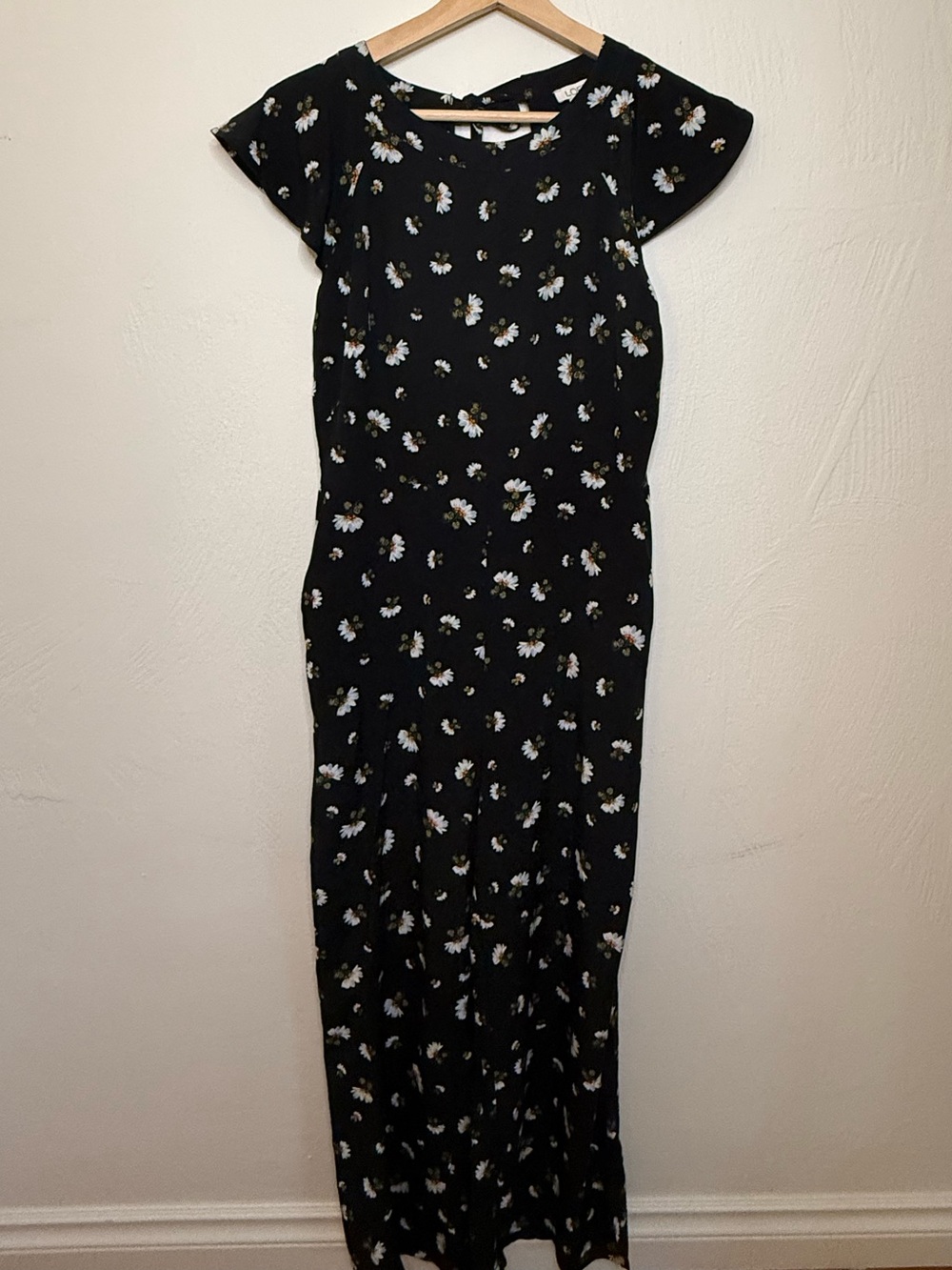 LOFT Short Sleeve Black Romper with White Daisy Print